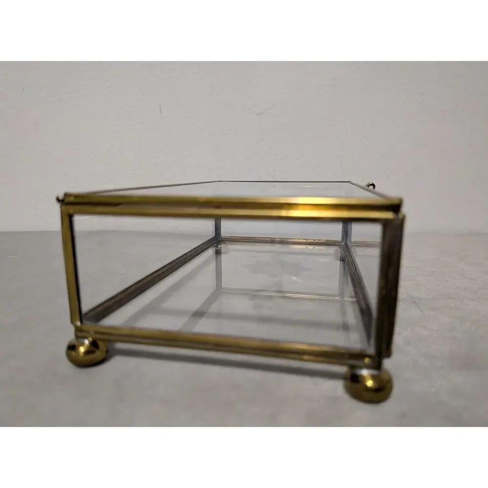 Vintage Brass & Glass Trinket Box Etched Floral Lid Jewelry Case Vanity Decor
